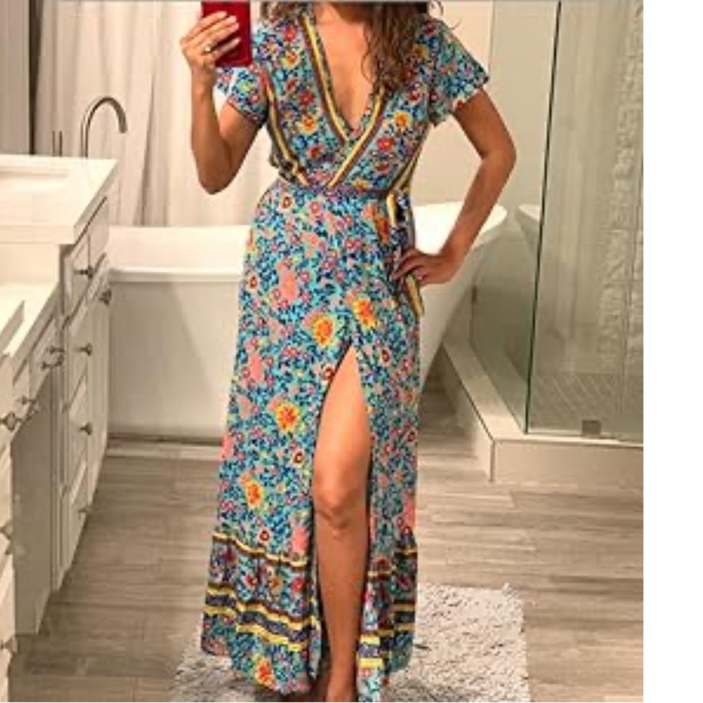Boho, Floral Print, Summer, Spring Green, Blue, yellow Rockabilly, Cowgirl Dress - Picture 5 of 9